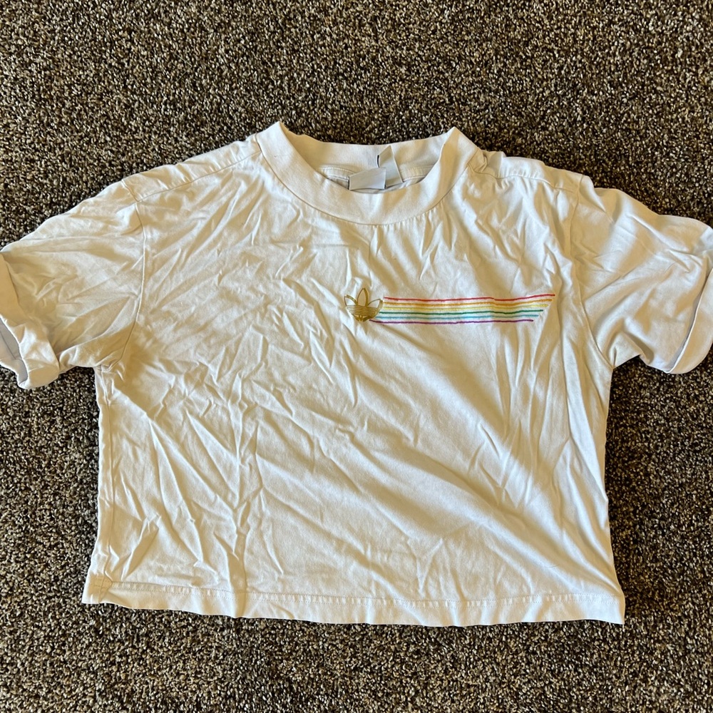 Adidas Cropped White T-Shirt with Rainbow Stripes
